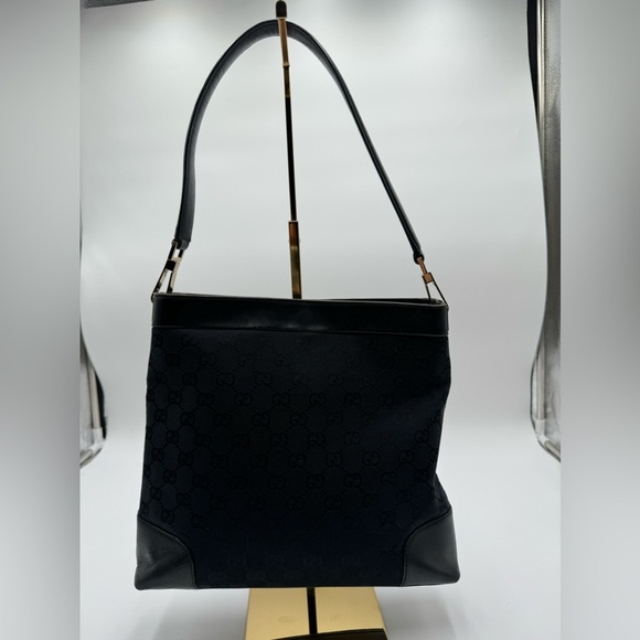 Gucci-Authentic-GG Canvas Shoulder Bag Black Leather - Picture 2 of 15